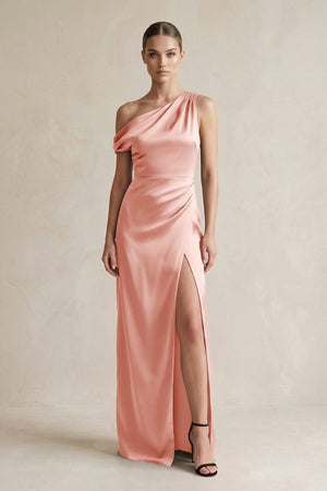 One - Shoulder Satin Sheath Bridesmaid Dress With Slit in Rose Petal - KissProm Bridesmaid Dresses