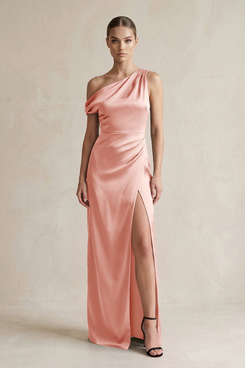 One - Shoulder Satin Sheath Bridesmaid Dress With Slit in Rose Petal - KissProm Bridesmaid Dresses