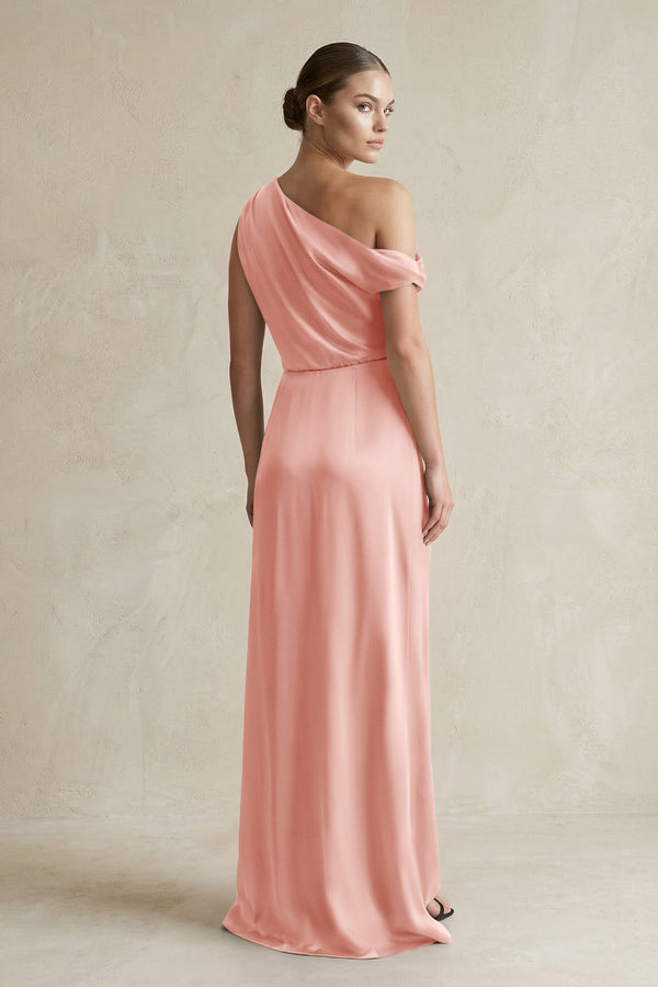 One - Shoulder Satin Sheath Bridesmaid Dress With Slit in Rose Petal - KissProm Bridesmaid Dresses