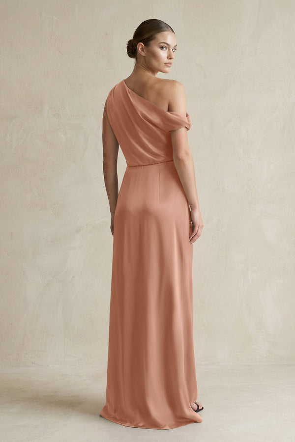 One - Shoulder Satin Sheath Bridesmaid Dress With Slit in Rosette - KissProm Bridesmaid Dresses