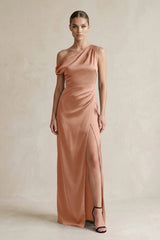 One - Shoulder Satin Sheath Bridesmaid Dress With Slit in Rosette - KissProm Bridesmaid Dresses
