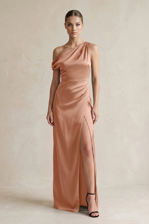 One - Shoulder Satin Sheath Bridesmaid Dress With Slit in Rosette - KissProm Bridesmaid Dresses