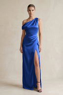 One - Shoulder Satin Sheath Bridesmaid Dress With Slit in Royal Blue - KissProm Bridesmaid Dresses