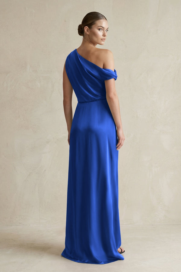 One - Shoulder Satin Sheath Bridesmaid Dress With Slit in Royal Blue - KissProm Bridesmaid Dresses