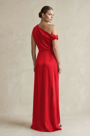One - Shoulder Satin Sheath Bridesmaid Dress With Slit in Ruby Red - KissProm Bridesmaid Dresses
