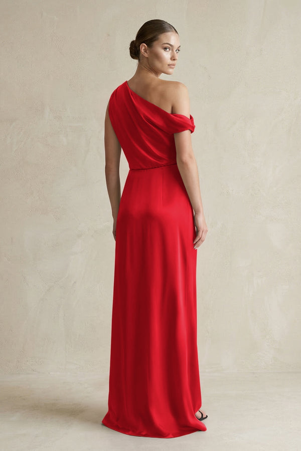 One - Shoulder Satin Sheath Bridesmaid Dress With Slit in Ruby Red - KissProm Bridesmaid Dresses