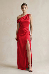 One - Shoulder Satin Sheath Bridesmaid Dress With Slit in Ruby Red - KissProm Bridesmaid Dresses