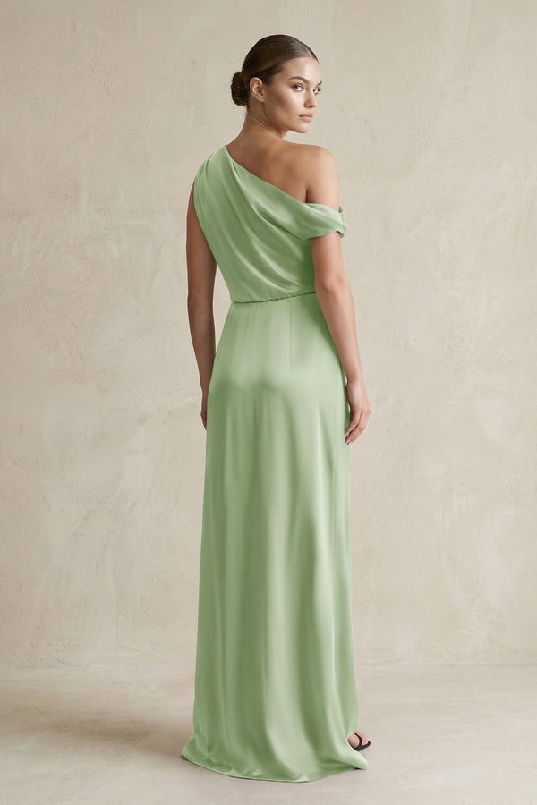 One - Shoulder Satin Sheath Bridesmaid Dress With Slit in Sage - KissProm Bridesmaid Dresses