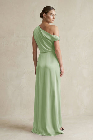 One - Shoulder Satin Sheath Bridesmaid Dress With Slit in Sage - KissProm Bridesmaid Dresses