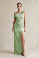 One - Shoulder Satin Sheath Bridesmaid Dress With Slit in Sage - KissProm Bridesmaid Dresses