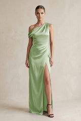 One - Shoulder Satin Sheath Bridesmaid Dress With Slit in Sage - KissProm Bridesmaid Dresses