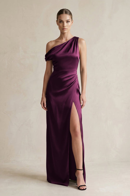 One - Shoulder Satin Sheath Bridesmaid Dress With Slit in Sangria - KissProm Bridesmaid Dresses