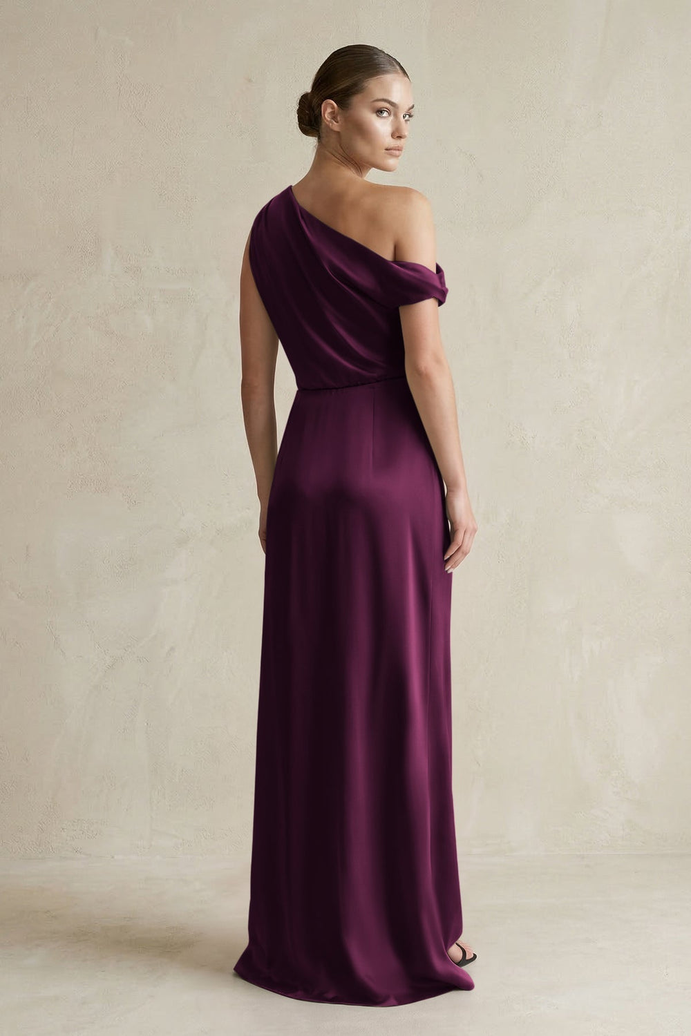 One - Shoulder Satin Sheath Bridesmaid Dress With Slit in Sangria - KissProm Bridesmaid Dresses