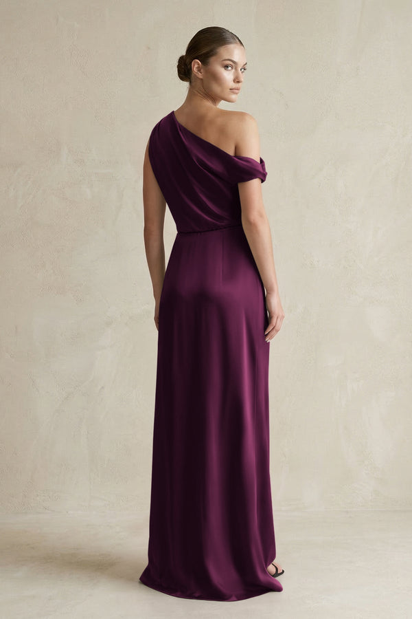 One - Shoulder Satin Sheath Bridesmaid Dress With Slit in Sangria - KissProm Bridesmaid Dresses