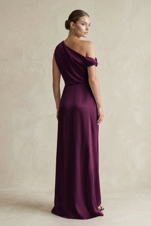 One - Shoulder Satin Sheath Bridesmaid Dress With Slit in Sangria - KissProm Bridesmaid Dresses