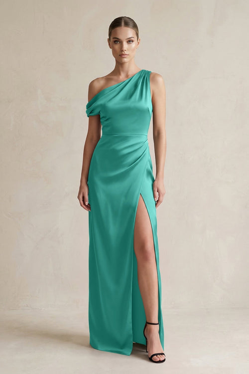 One - Shoulder Satin Sheath Bridesmaid Dress With Slit in Sea Glass - KissProm Bridesmaid Dresses