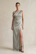 One - Shoulder Satin Sheath Bridesmaid Dress With Slit in Silver - KissProm Bridesmaid Dresses