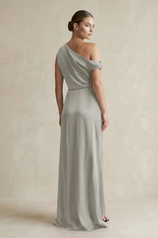 One - Shoulder Satin Sheath Bridesmaid Dress With Slit in Silver - KissProm Bridesmaid Dresses