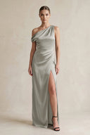 One - Shoulder Satin Sheath Bridesmaid Dress With Slit in Silver - KissProm Bridesmaid Dresses