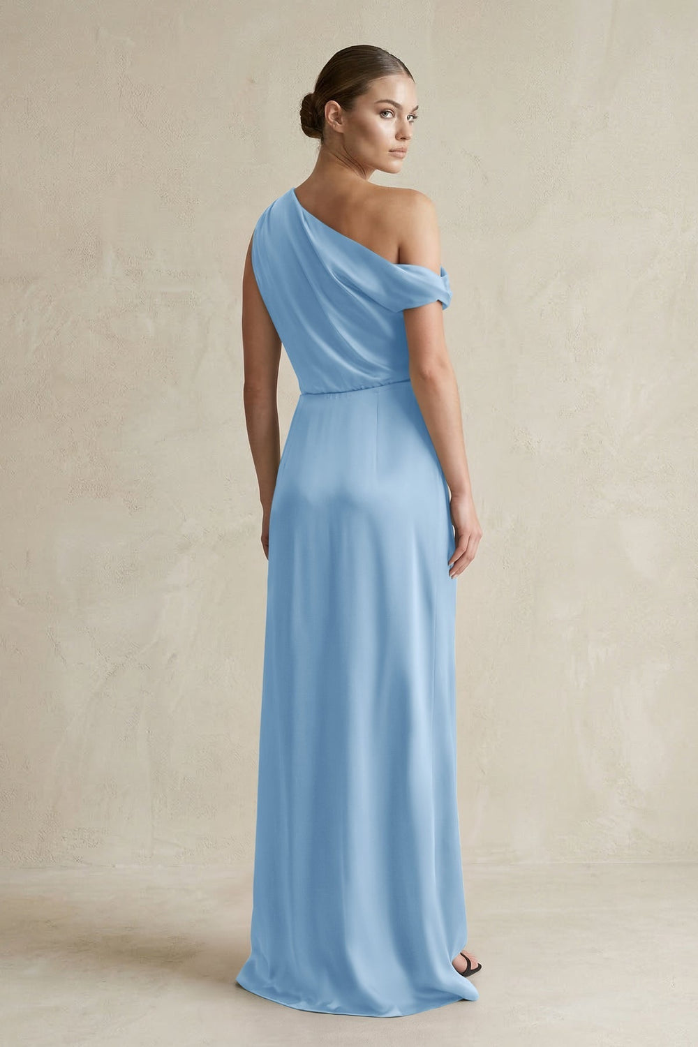 One - Shoulder Satin Sheath Bridesmaid Dress With Slit in Sky Blue - KissProm Bridesmaid Dresses