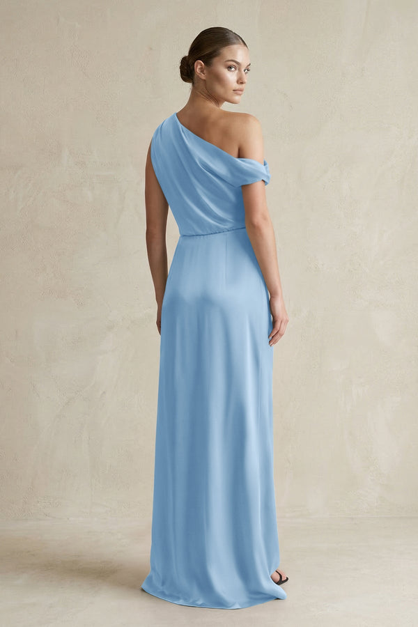 One - Shoulder Satin Sheath Bridesmaid Dress With Slit in Sky Blue - KissProm Bridesmaid Dresses