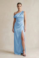 One - Shoulder Satin Sheath Bridesmaid Dress With Slit in Sky Blue - KissProm Bridesmaid Dresses