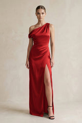 One - Shoulder Satin Sheath Bridesmaid Dress With Slit in Spice - KissProm Bridesmaid Dresses