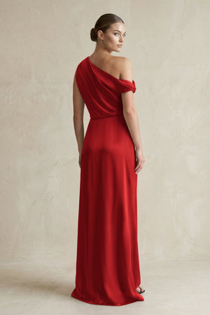 One - Shoulder Satin Sheath Bridesmaid Dress With Slit in Spice - KissProm Bridesmaid Dresses