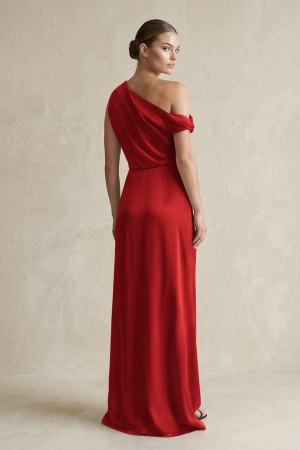 One - Shoulder Satin Sheath Bridesmaid Dress With Slit in Spice - KissProm Bridesmaid Dresses