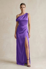 One - Shoulder Satin Sheath Bridesmaid Dress With Slit in Tahiti - KissProm Bridesmaid Dresses