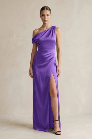 One - Shoulder Satin Sheath Bridesmaid Dress With Slit in Tahiti - KissProm Bridesmaid Dresses