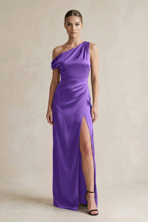 One - Shoulder Satin Sheath Bridesmaid Dress With Slit in Tahiti - KissProm Bridesmaid Dresses