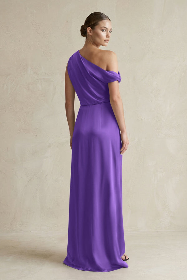 One - Shoulder Satin Sheath Bridesmaid Dress With Slit in Tahiti - KissProm Bridesmaid Dresses