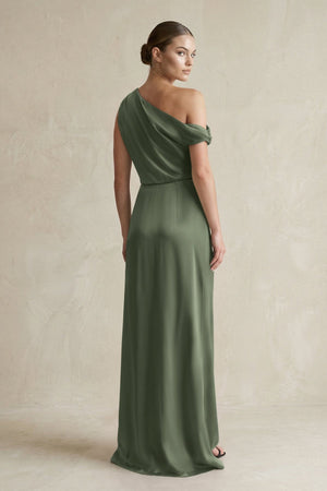 One - Shoulder Satin Sheath Bridesmaid Dress With Slit in Thyme - KissProm Bridesmaid Dresses