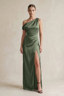 One - Shoulder Satin Sheath Bridesmaid Dress With Slit in Thyme - KissProm Bridesmaid Dresses