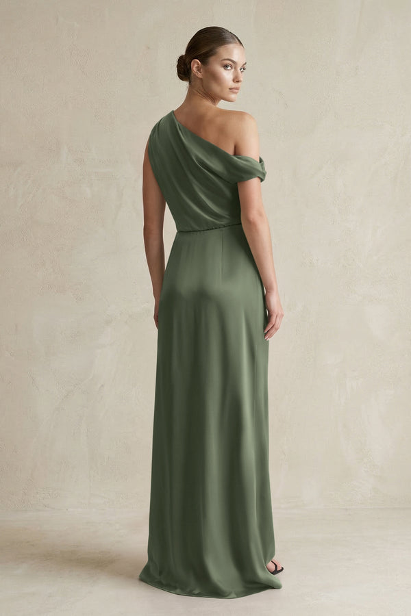 One - Shoulder Satin Sheath Bridesmaid Dress With Slit in Thyme - KissProm Bridesmaid Dresses