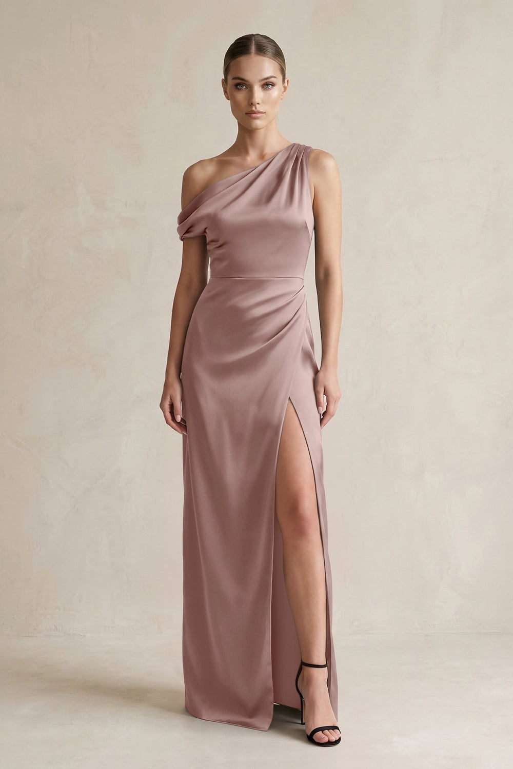 One - Shoulder Satin Sheath Bridesmaid Dress With Slit in Toffee - KissProm Bridesmaid Dresses