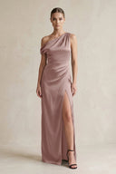 One - Shoulder Satin Sheath Bridesmaid Dress With Slit in Toffee - KissProm Bridesmaid Dresses