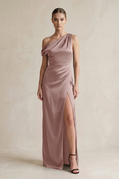 One - Shoulder Satin Sheath Bridesmaid Dress With Slit in Toffee - KissProm Bridesmaid Dresses