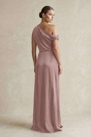 One - Shoulder Satin Sheath Bridesmaid Dress With Slit in Toffee - KissProm Bridesmaid Dresses
