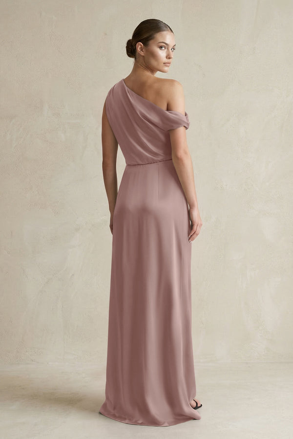 One - Shoulder Satin Sheath Bridesmaid Dress With Slit in Toffee - KissProm Bridesmaid Dresses