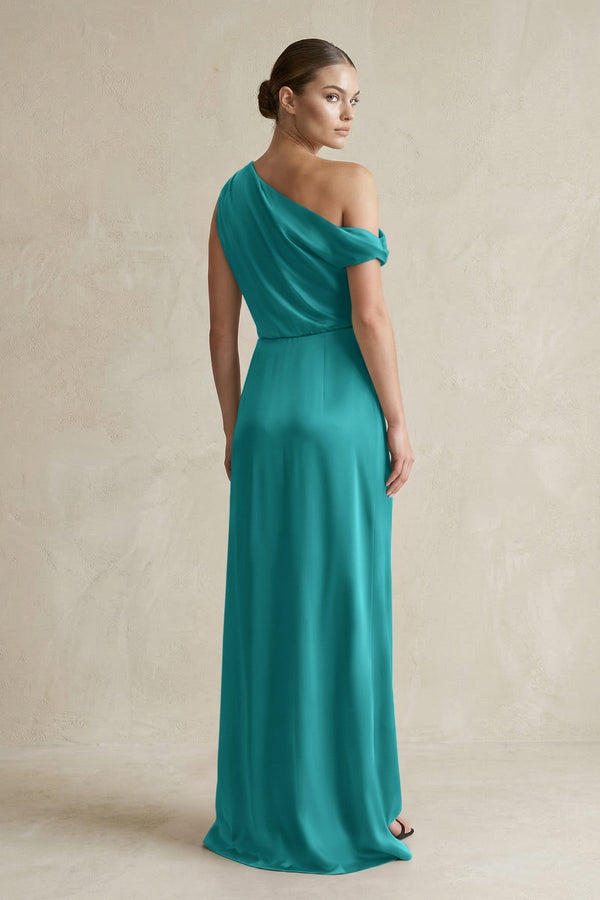 One - Shoulder Satin Sheath Bridesmaid Dress With Slit in Turquoise - KissProm Bridesmaid Dresses