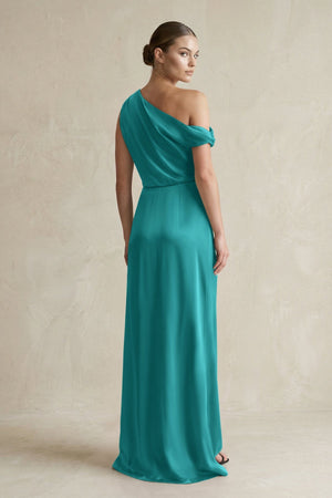 One - Shoulder Satin Sheath Bridesmaid Dress With Slit in Turquoise - KissProm Bridesmaid Dresses