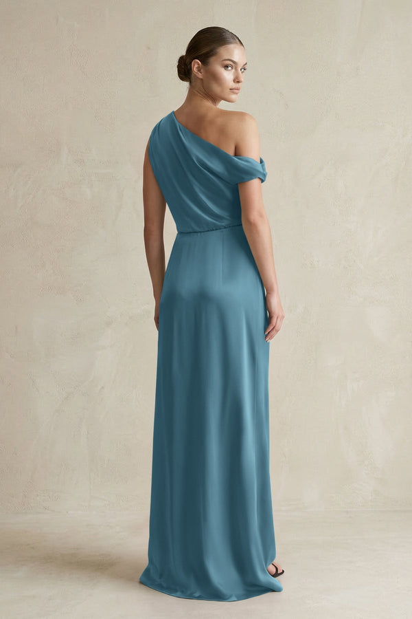 One - Shoulder Satin Sheath Bridesmaid Dress With Slit in Twilight - KissProm Bridesmaid Dresses