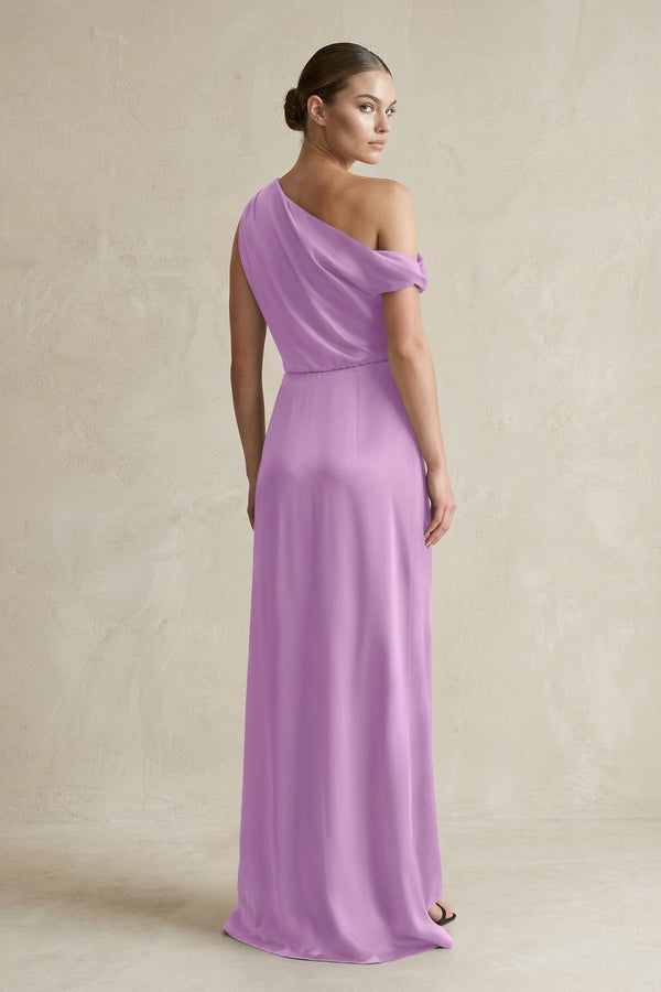 One - Shoulder Satin Sheath Bridesmaid Dress With Slit in Vintage Mauve - KissProm Bridesmaid Dresses