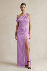 One - Shoulder Satin Sheath Bridesmaid Dress With Slit in Vintage Mauve - KissProm Bridesmaid Dresses