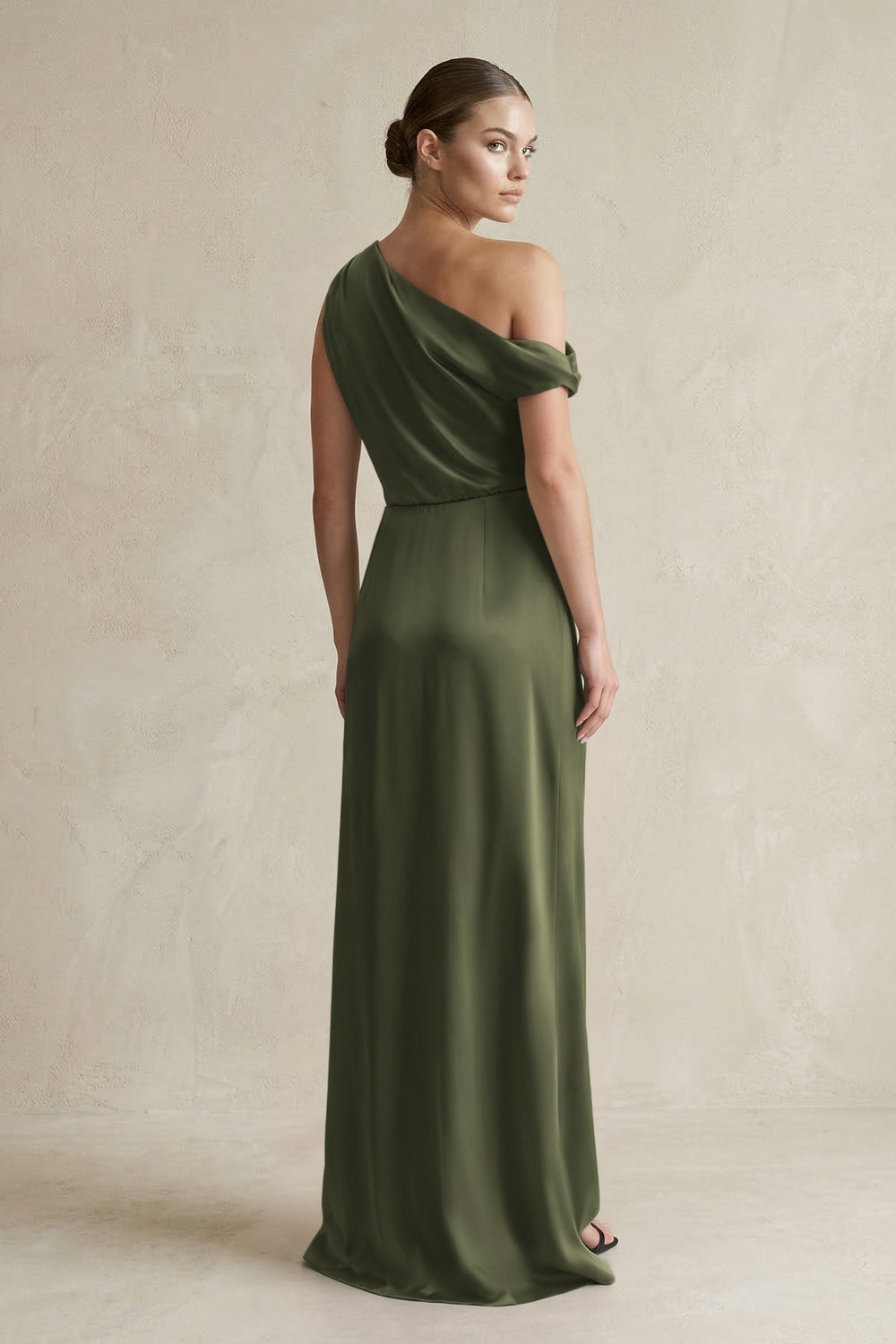 One - Shoulder Satin Sheath Bridesmaid Dress With Slit in Willow Green - KissProm Bridesmaid Dresses