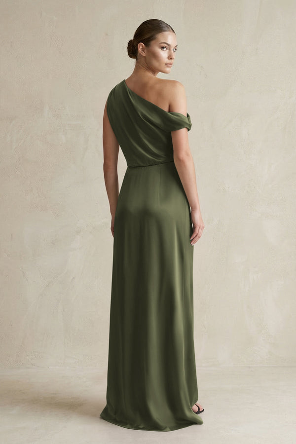One - Shoulder Satin Sheath Bridesmaid Dress With Slit in Willow Green - KissProm Bridesmaid Dresses