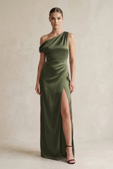 One - Shoulder Satin Sheath Bridesmaid Dress With Slit in Willow Green - KissProm Bridesmaid Dresses
