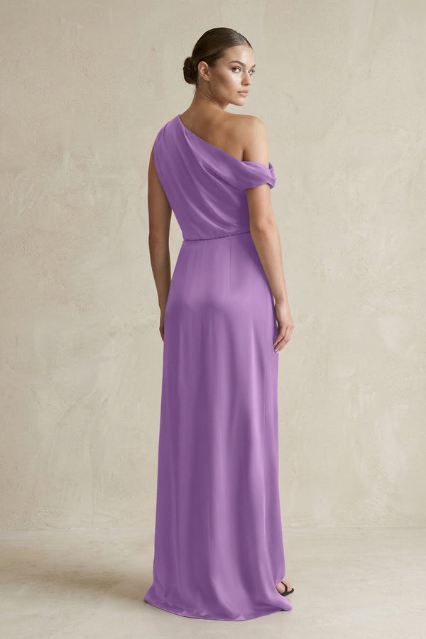 One - Shoulder Satin Sheath Bridesmaid Dress With Slit in Wisteria - KissProm Bridesmaid Dresses